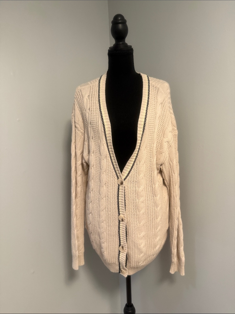 Jessica Simpson Cream Cable Knit Cardigan with Navy Trim
